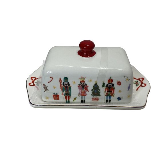 Grace Teaware Nutcracker Ceramic Christmas Butter Dish Set Gold trim - Picture 2 of 5